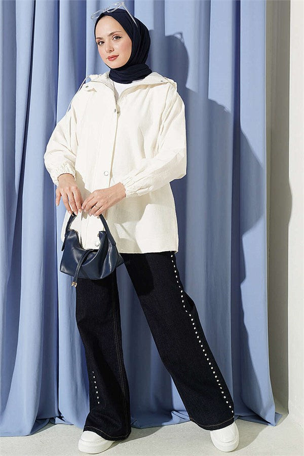 Hooded Jacket with Snap Button Details, Ecru
