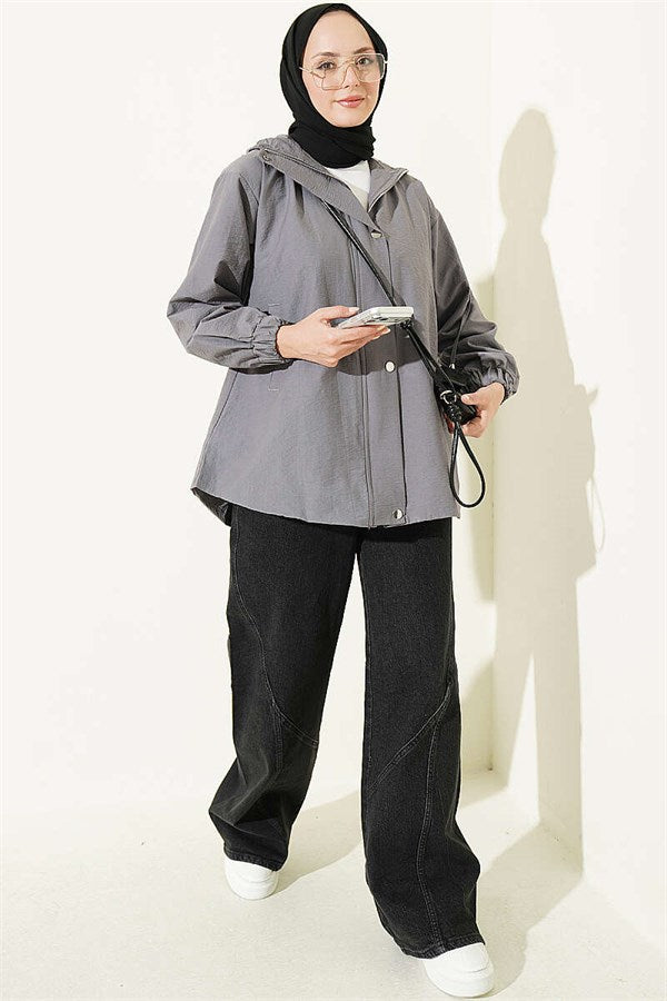 Hooded Jacket with Snap Button Details, Smoke Grey