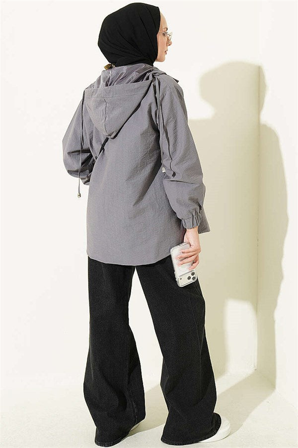 Hooded Jacket with Snap Button Details, Smoke Grey