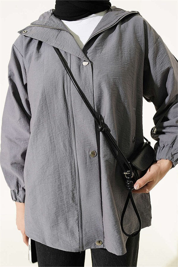 Hooded Jacket with Snap Button Details, Smoke Grey