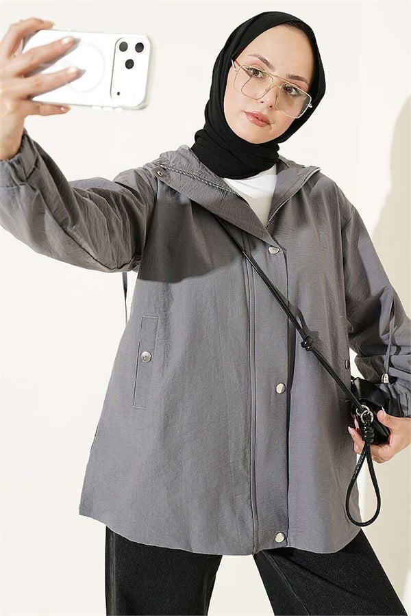 Hooded Jacket with Snap Button Details, Smoke Grey