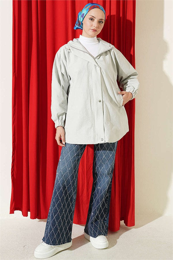 Hooded Jacket with Snap Button Details, Grey