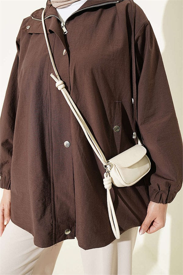 Hooded Snap Button Detail Coat in Coffee