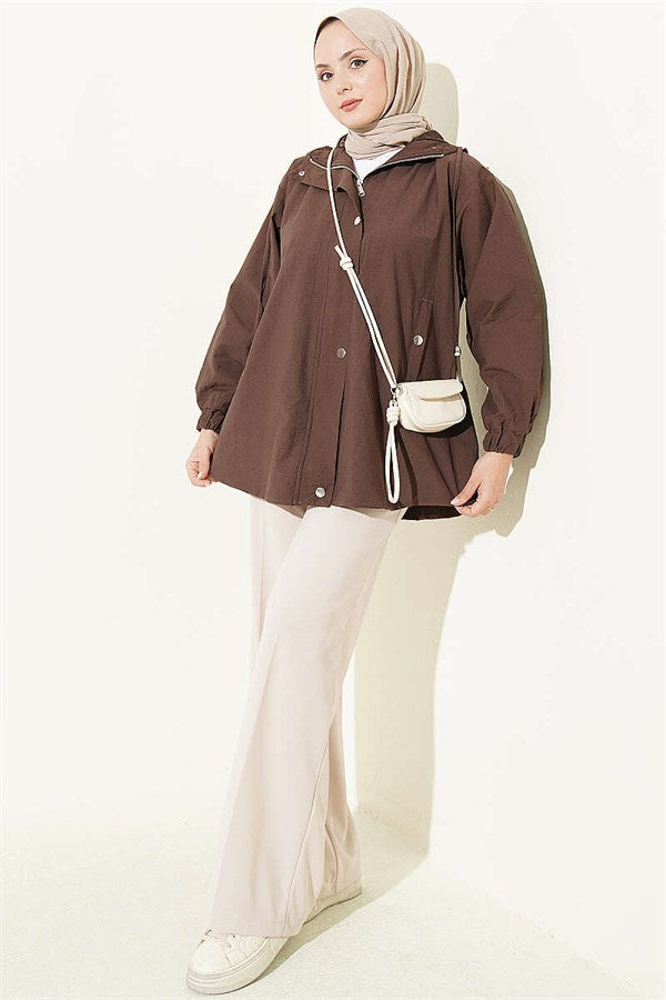 Hooded Snap Button Detail Coat in Coffee