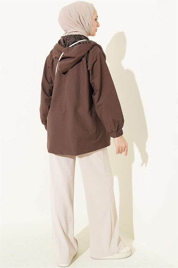 Hooded Snap Button Detail Coat in Coffee
