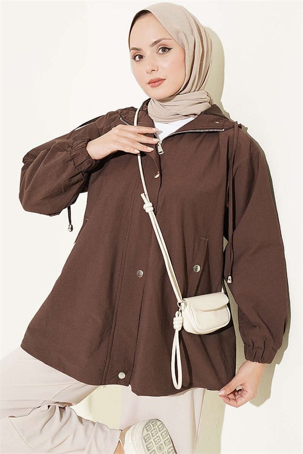 Hooded Snap Button Detail Coat in Coffee