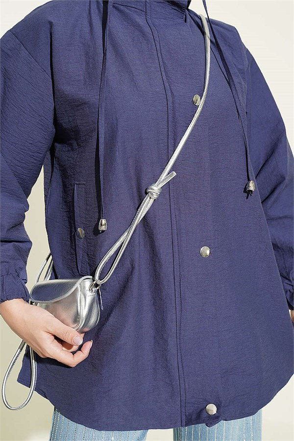 Hooded Jacket with Snap Button Details, Navy Blue