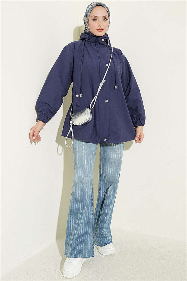 Hooded Jacket with Snap Button Details, Navy Blue