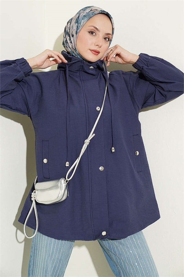 Hooded Jacket with Snap Button Details, Navy Blue