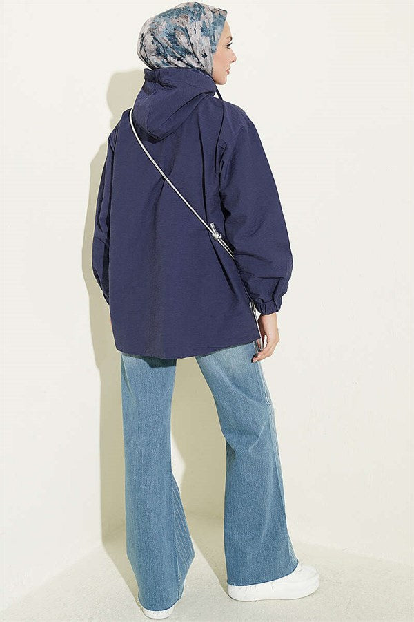 Hooded Jacket with Snap Button Details, Navy Blue