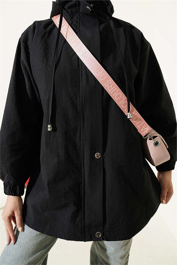 Hooded Jacket with Snap Button Details, Black
