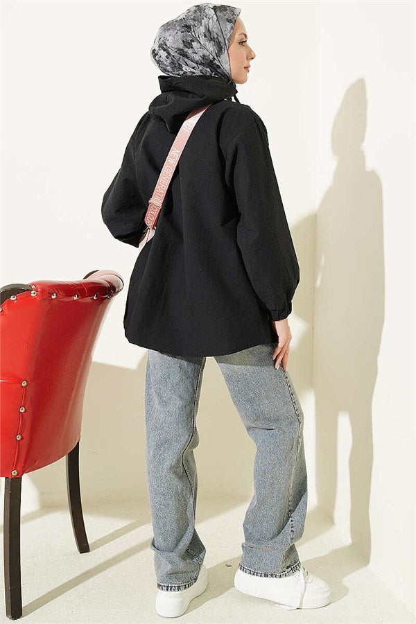 Hooded Jacket with Snap Button Details, Black