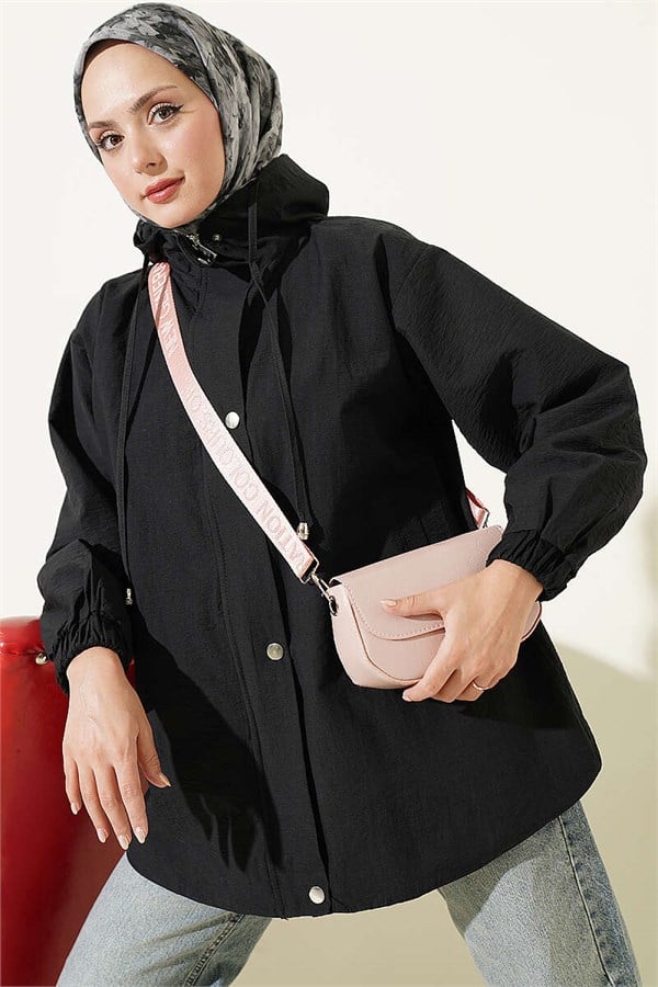 Hooded Jacket with Snap Button Details, Black