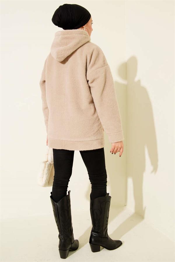 Hooded Snap Button Coat, Beige