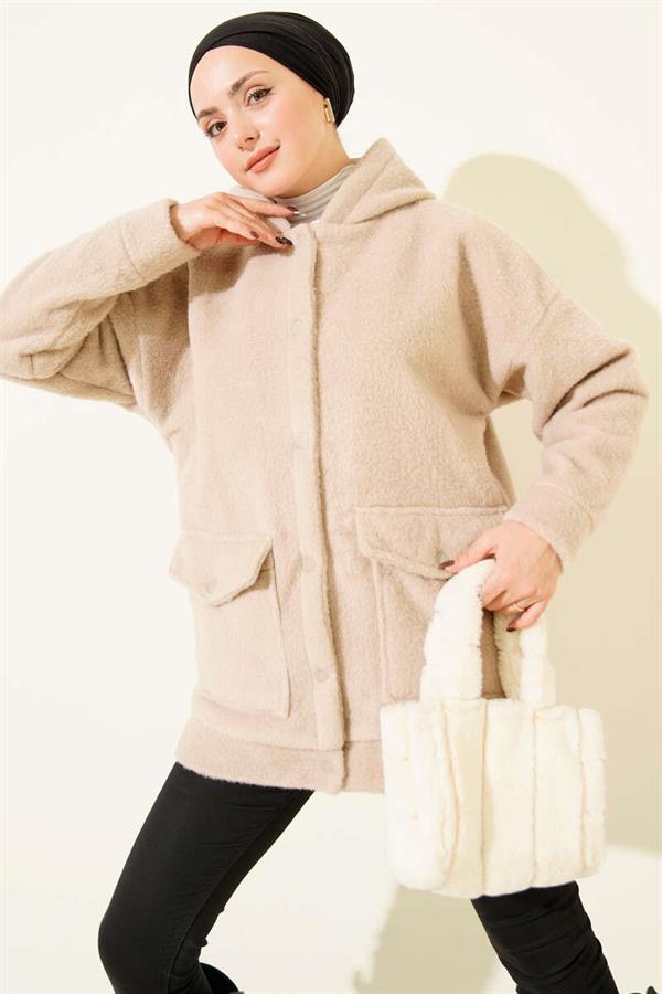 Hooded Snap Button Coat, Beige