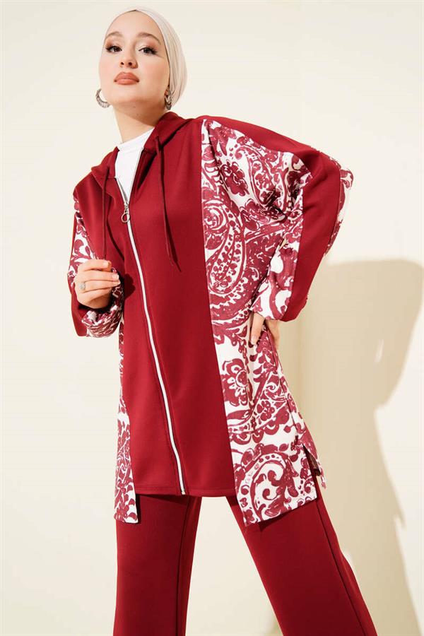 Hooded Patterned Scuba 2 Piece Set Burgundy