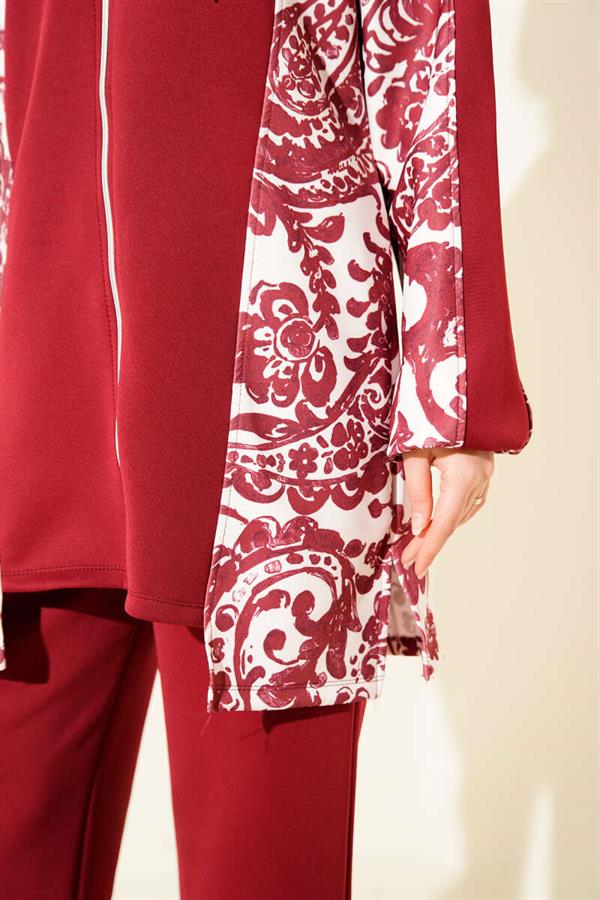 Hooded Patterned Scuba 2 Piece Set Burgundy