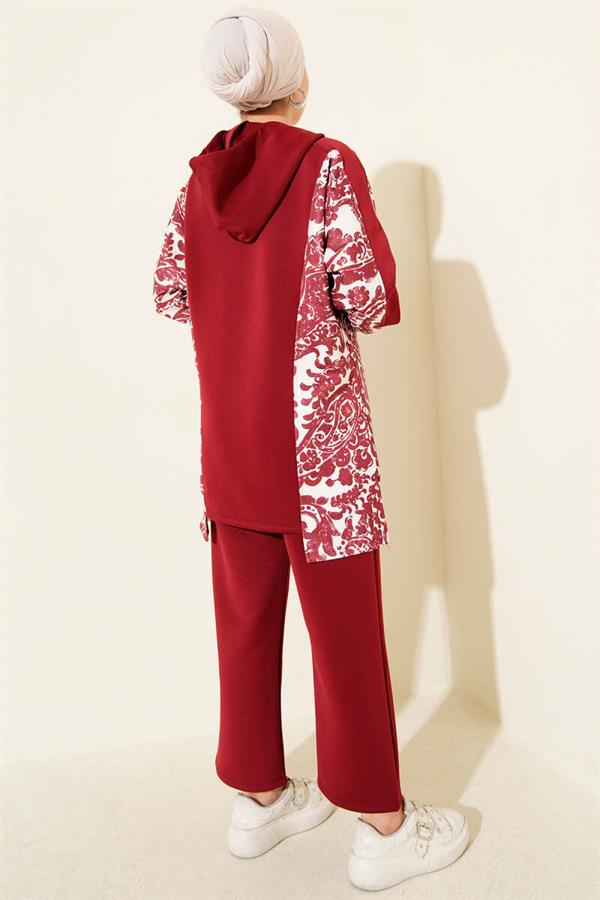 Hooded Patterned Scuba 2 Piece Set Burgundy