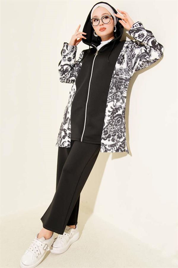 Hooded Patterned Scuba 2 Piece Set Black