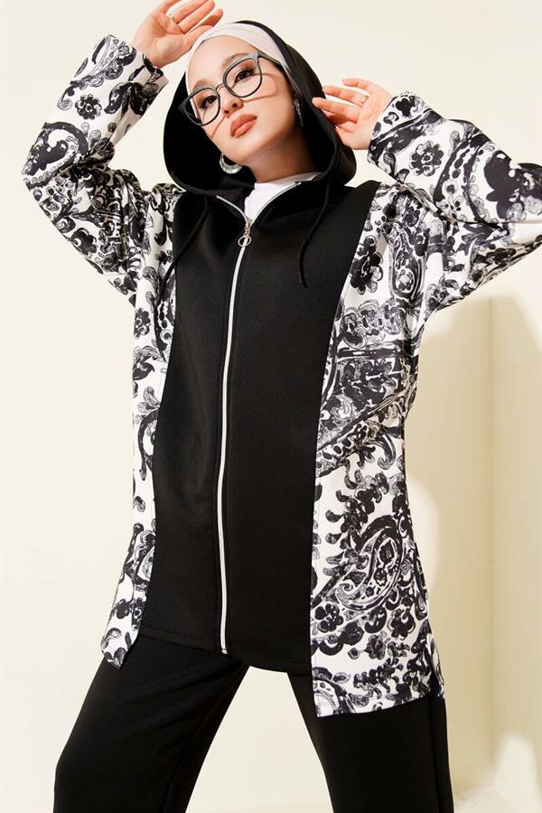 Hooded Patterned Scuba 2 Piece Set Black
