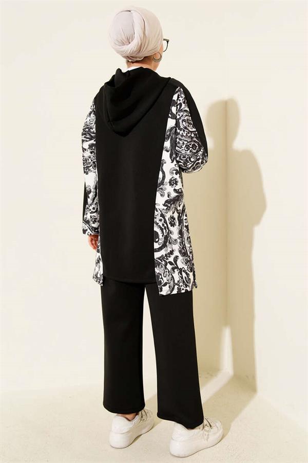 Hooded Patterned Scuba 2 Piece Set Black