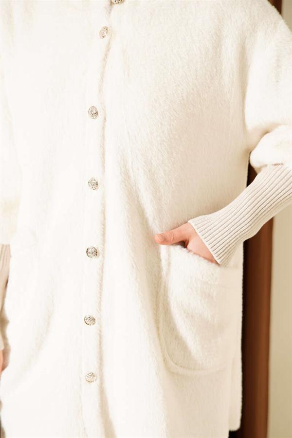 Hooded Buttoned Angora Jacket, Beige