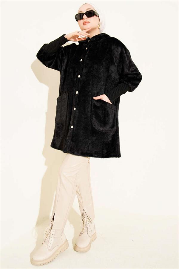 Hooded Buttoned Angora Jacket, Black