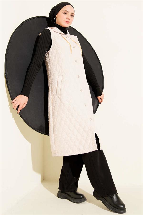 Hooded Button-Down Quilted Vest, Beige