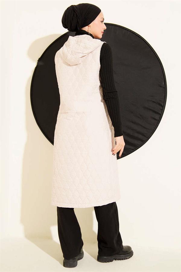 Hooded Button-Down Quilted Vest, Beige