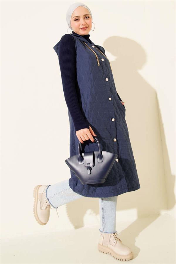 Hooded Buttoned Quilted Vest Indigo