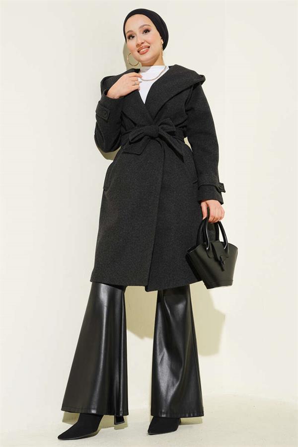 Hooded Buttoned Cashmere Coat Anthracite