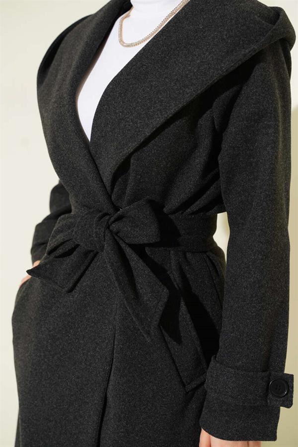 Hooded Buttoned Cashmere Coat Anthracite
