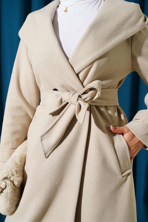 Hooded Buttoned Cashmere Coat Beige