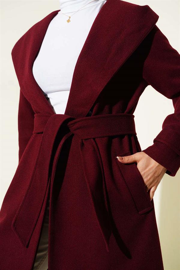 Hooded Buttoned Cashmere Coat Burgundy