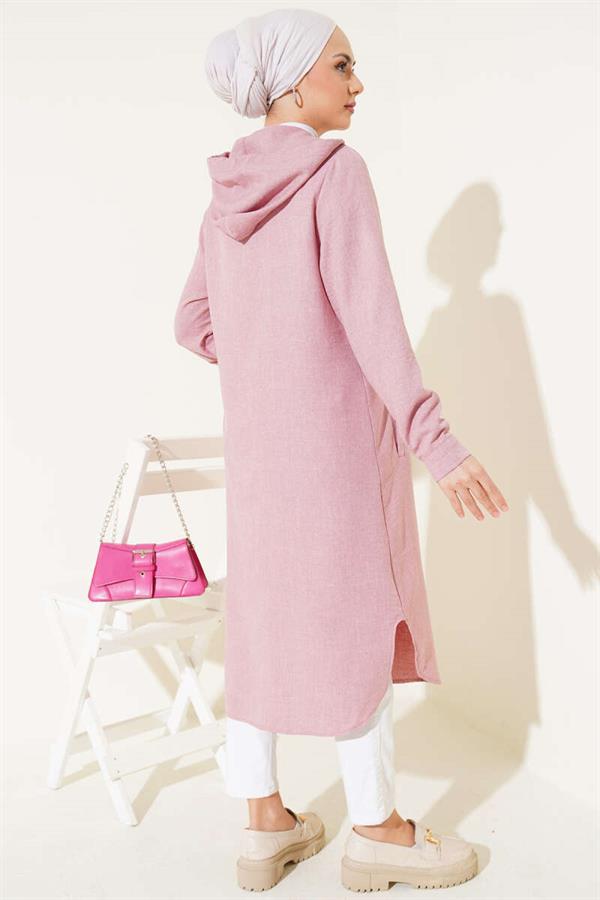 Hooded Buttoned Long Coat Powder