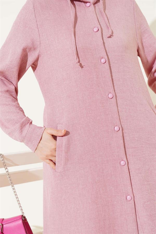 Hooded Buttoned Long Coat Powder