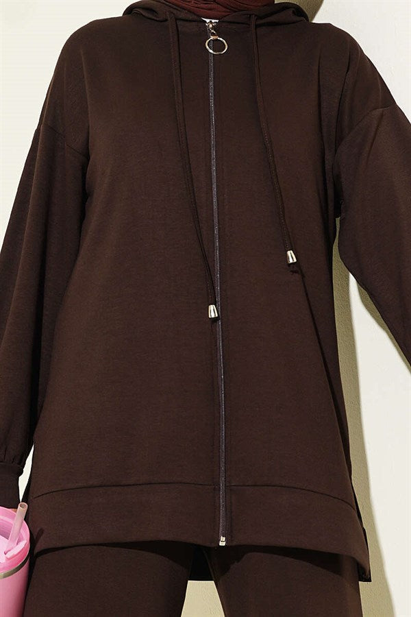 Hooded, Dropped Shoulder Loysha 2 Piece Set Set, Coffee