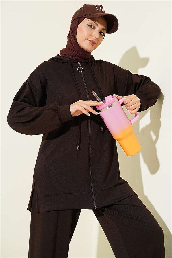 Hooded, Dropped Shoulder Loysha 2 Piece Set Set, Coffee