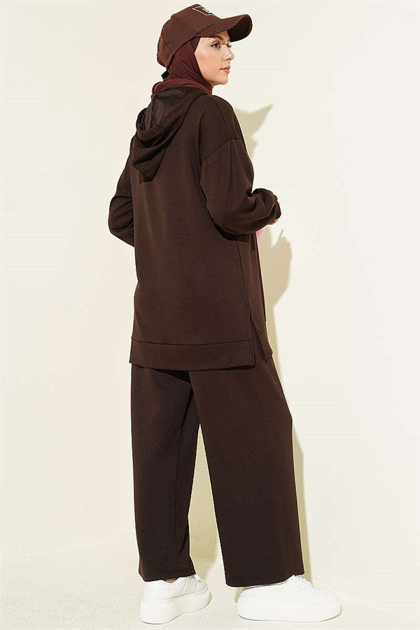 Hooded, Dropped Shoulder Loysha 2 Piece Set Set, Coffee
