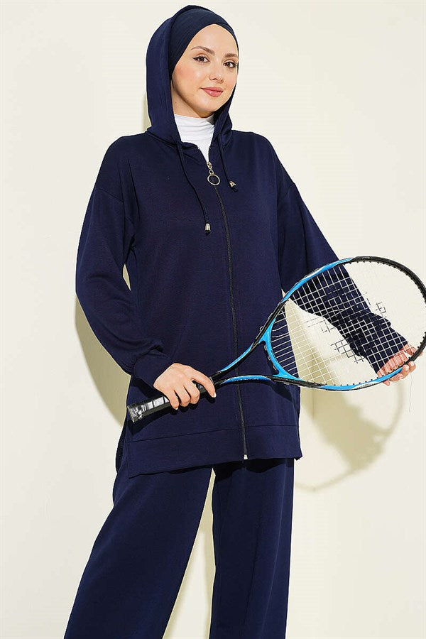 Hooded, Dropped Shoulder Loysha 2 Piece Set Suit, Navy Blue