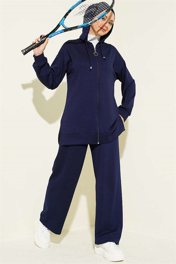 Hooded, Dropped Shoulder Loysha 2 Piece Set Suit, Navy Blue