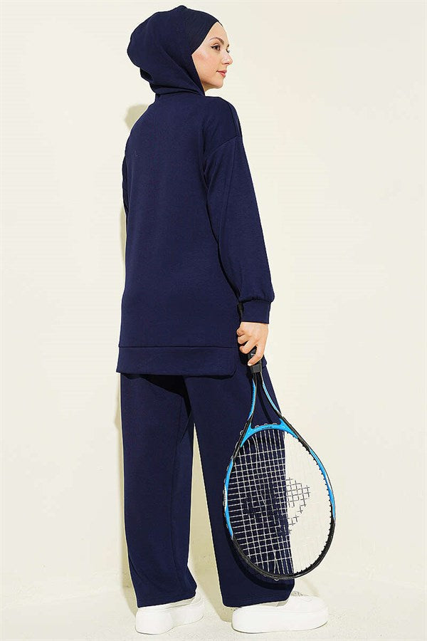Hooded, Dropped Shoulder Loysha 2 Piece Set Suit, Navy Blue