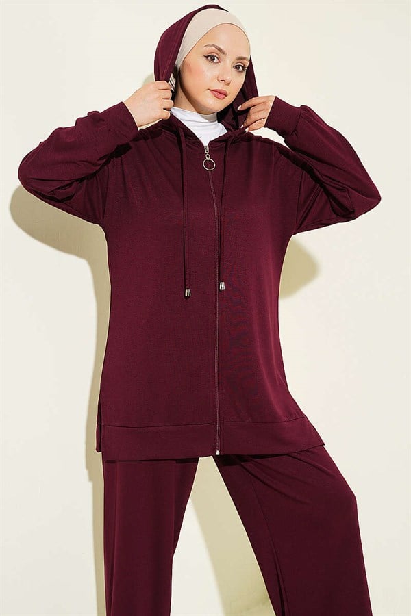 Hooded Dropped Shoulder Loysha 2 Piece Set Set, Plum