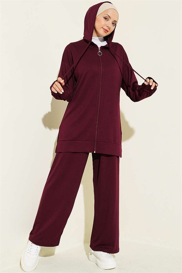 Hooded Dropped Shoulder Loysha 2 Piece Set Set, Plum