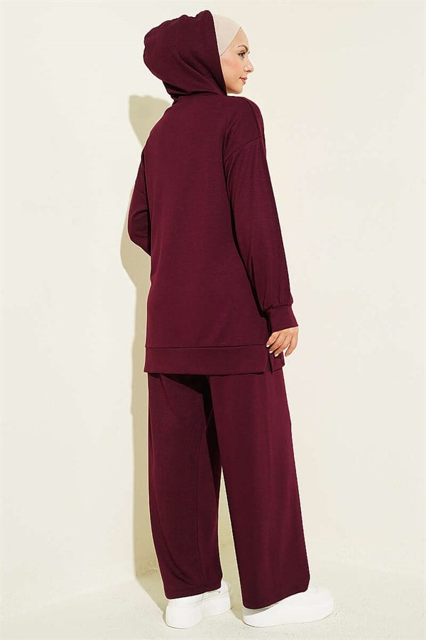 Hooded Dropped Shoulder Loysha 2 Piece Set Set, Plum