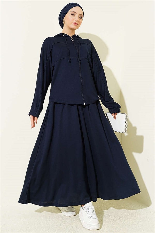 Hooded Skirt 2 Piece Set, Navy Blue