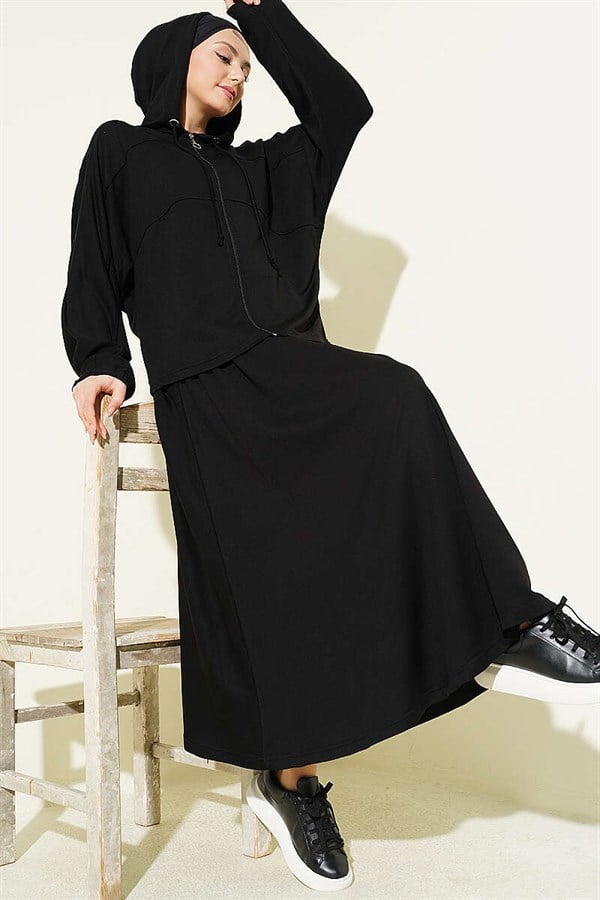 Hooded Skirt 2 Piece Set, Black