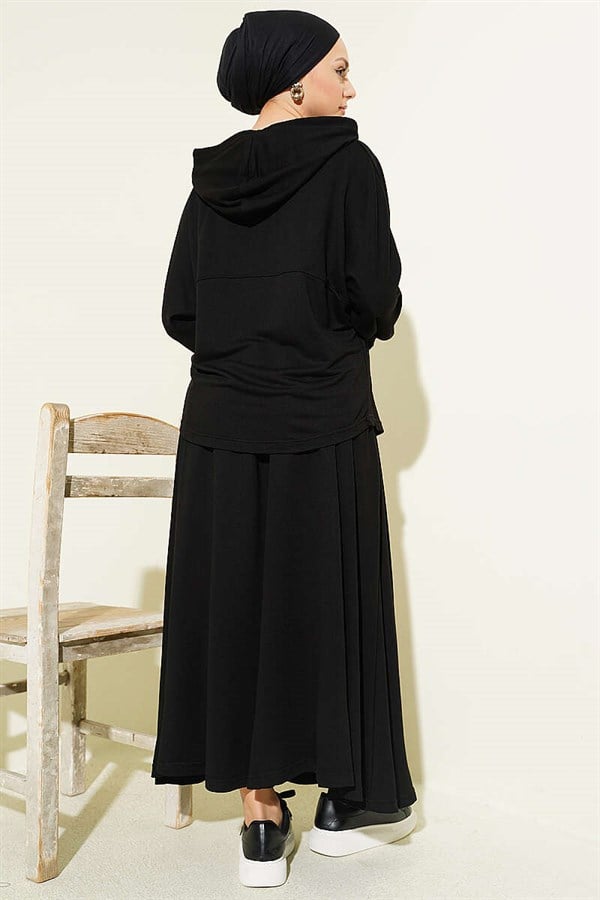 Hooded Skirt 2 Piece Set, Black