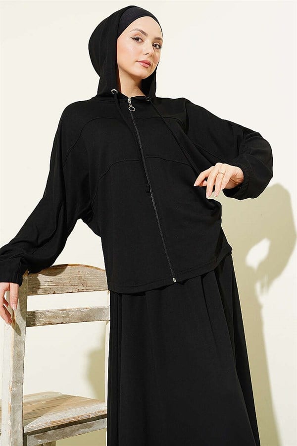 Hooded Skirt 2 Piece Set, Black