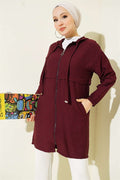 Hooded Mid-Length Coat with Zipper Detail, Burgundy